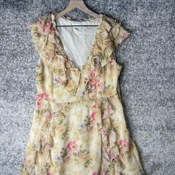 Ted Baker Dress Womens 6 Floral Ruffle Chiffon V Neck Ammiah Pastel Party Spring - Picture 1 of 6